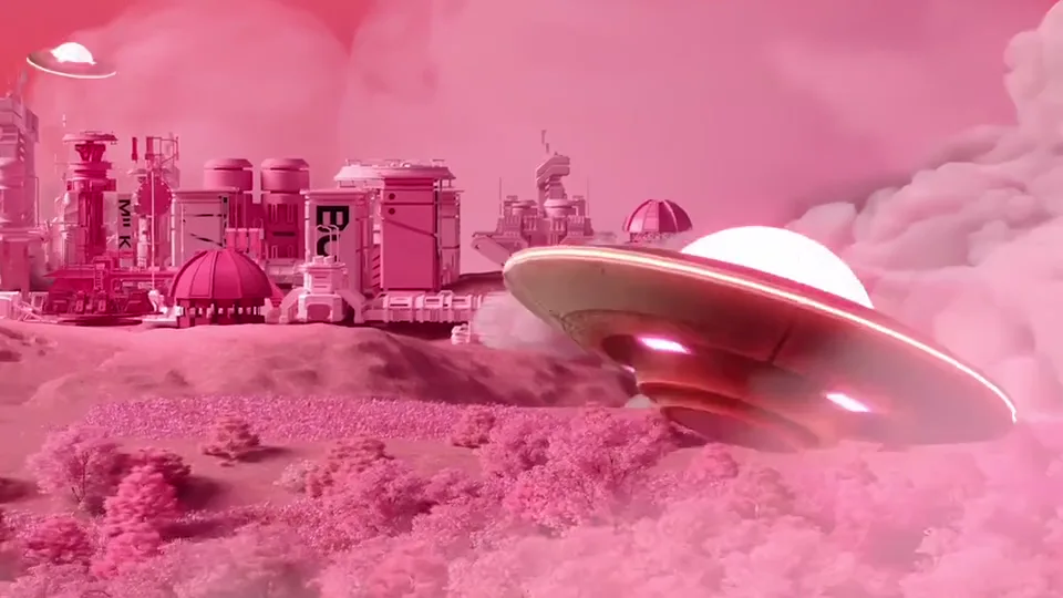 A spacecraft flying above a sculptural pink landscape