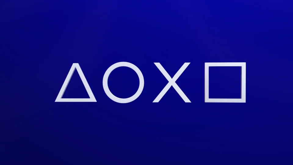 PlayStation controller symbols rotating into alignment on a deep blue background