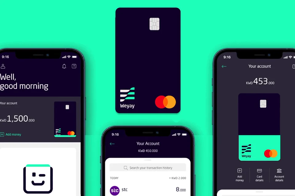 Weyay’s purple and mint banking app mockups, showing account screens, onboarding, and savings goals on phones